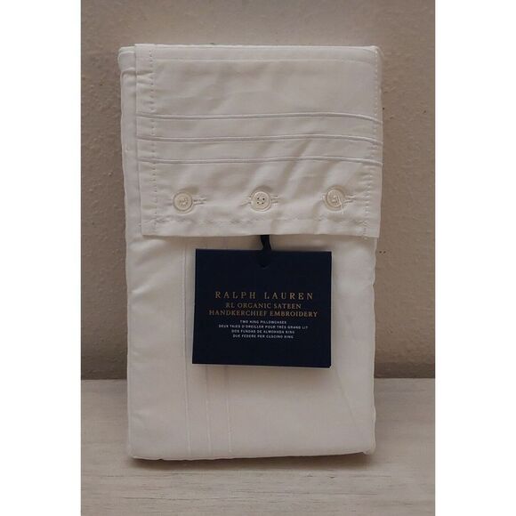 Ralph Lauren Organic Sateen HANDKERCHIEF EMROIDERY King Pillowcases Studio White - Picture 1 of 8